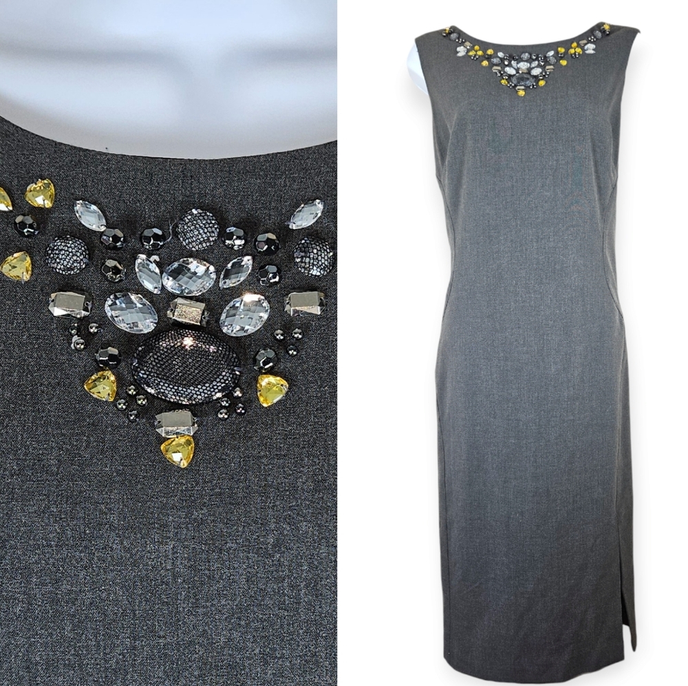 NWOT Sandra Darren gray beaded jeweled shift dress Womens 12